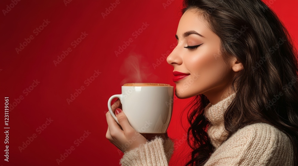 Beautiful lady drinking coffee brunette enjoy cup of hot chocolate side view cute girl isolated on red background portrait of female with morning tea gorgeous woman holding cappuccino mug Beautiful lady drinking coffee brunette enjoy cup of hot chocolate side view cute girl isolated on red background portrait of female with morning tea gorgeous woman holding cappuccino mug