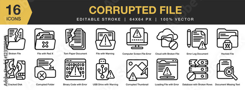 Corrupted File icon set. Editable Stroke Icon Collection. Includes document, file, broken, data, error, and More. Outline icons vector collection.