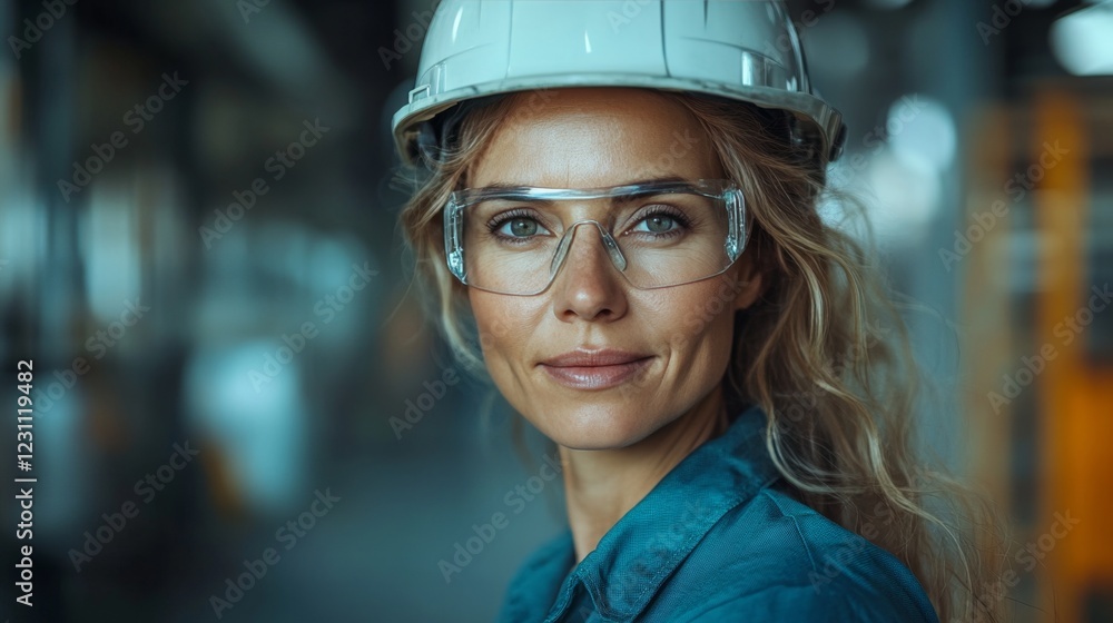 Smiling female construction worker wearing a yellow hardhat Smiling female construction worker wearing a yellow hardhat