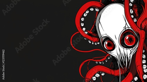 Red octopus skull art, dark background, fantasy illustration, digital artwork photo