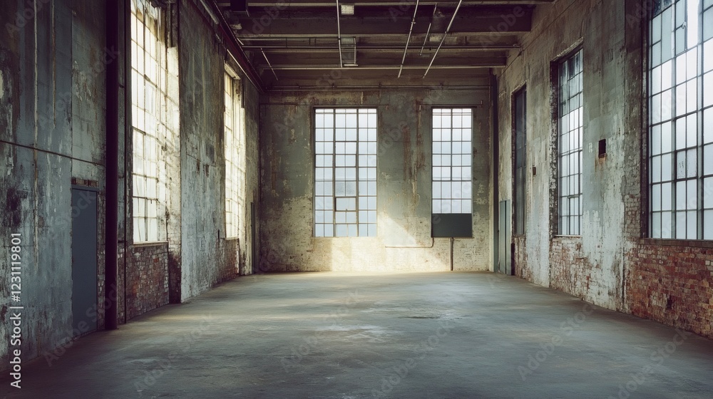 Sunlit Interior of a Rustic Industrial Warehouse Space Sunlit Interior of a Rustic Industrial Warehouse Space