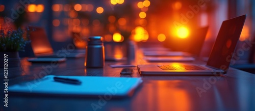 Night office scene with laptop  notepad  and pen on table.
