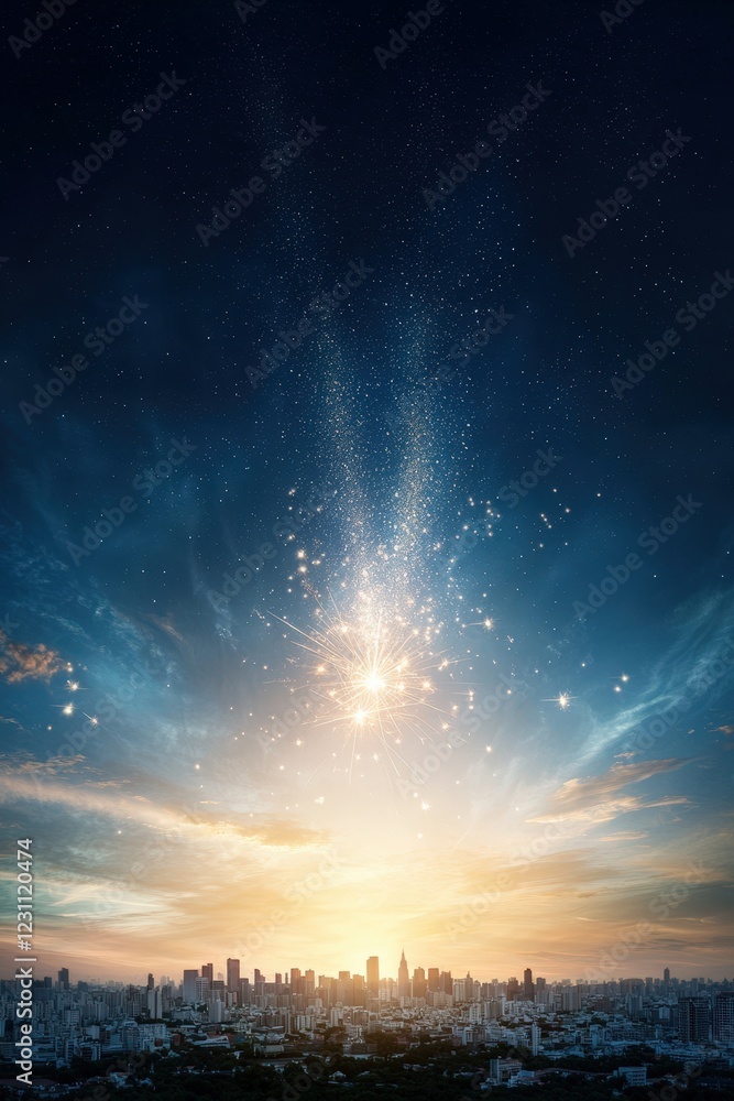 Fototapeta premium A city skyline is lit up by the sun as it sets