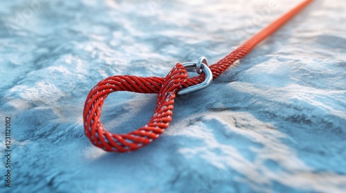 Red climbing rope secured on rock, sunlight background photo