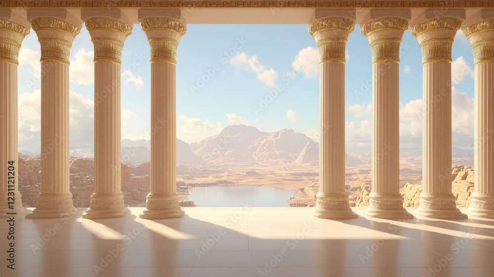 Fototapeta premium Serene view from a classical portico. The sunlit beige columns frame a breathtaking desert landscape with mountains and a tranquil lake.