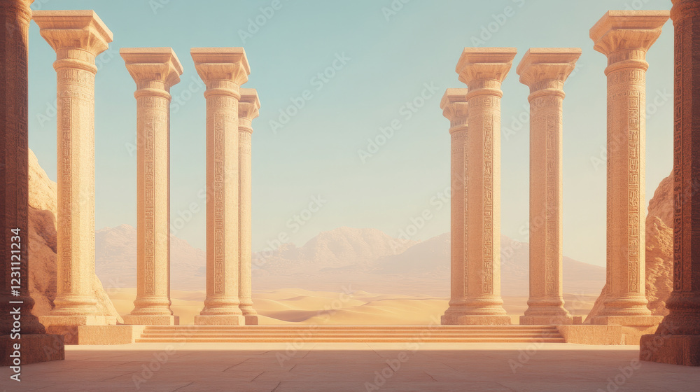 Ancient columns stand tall against a hazy desert landscape, bathed in warm sunlight. A serene and timeless scene. Ancient columns stand tall against a hazy desert landscape, bathed in warm sunlight. A serene and timeless scene.