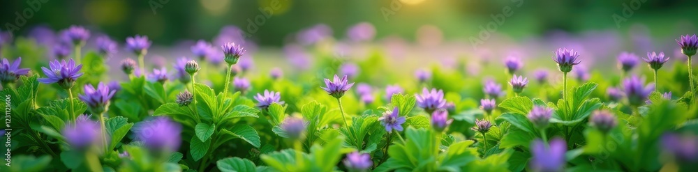 Small clusters of purple flowers on a bed of lush green, flowers, landscape, garden Small clusters of purple flowers on a bed of lush green, flowers, landscape, garden