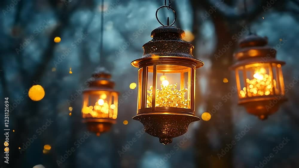 Glowing Lanterns in Atmospheric Forest with Floating Particles Glowing Lanterns in Atmospheric Forest with Floating Particles
