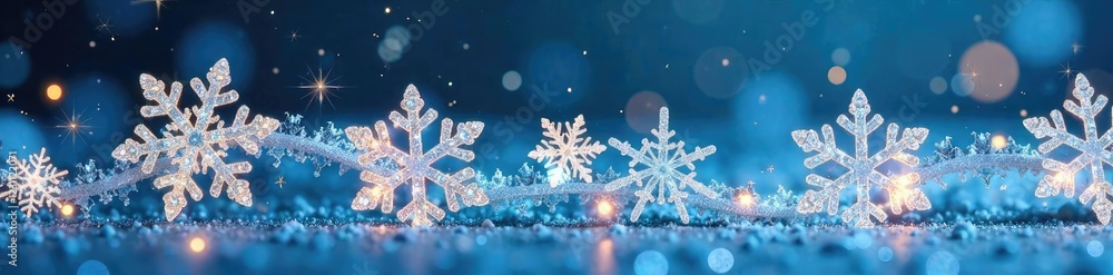 Fototapeta premium Sparkling snowflakes adorning a frosted glass garland, frosty glass, christmas garland