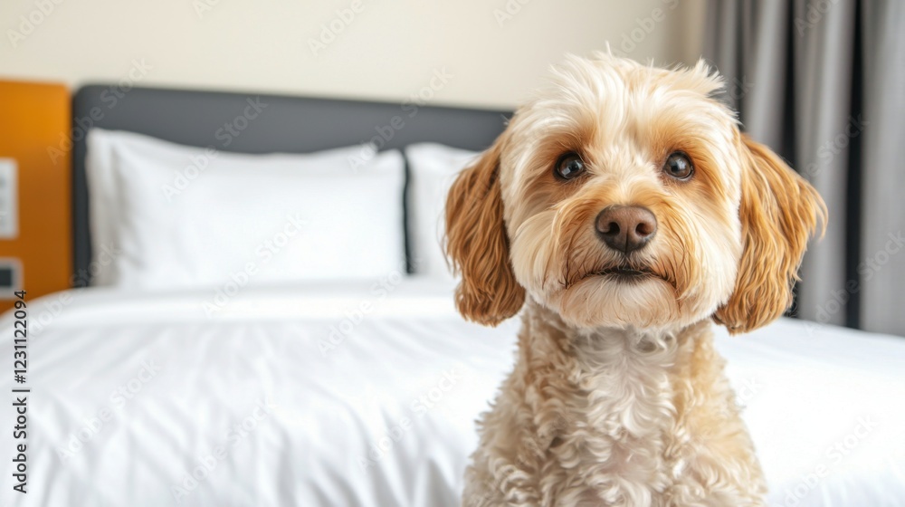 Calm pets during travel. A cute dog sitting in a cozy bedroom setting. Calm pets during travel. A cute dog sitting in a cozy bedroom setting.