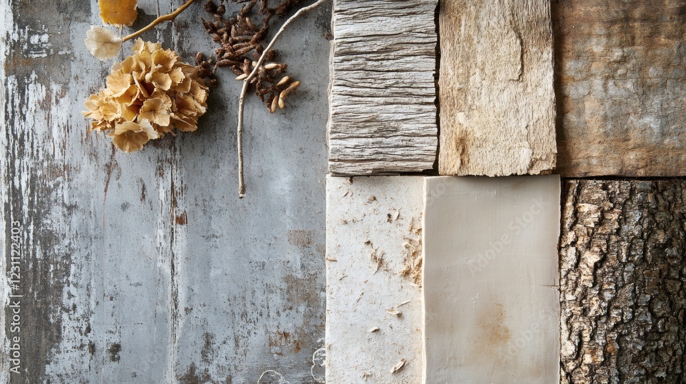 Dried Flowers and Wood Texture Collage Rustic and Earthy Background Dried Flowers and Wood Texture Collage Rustic and Earthy Background