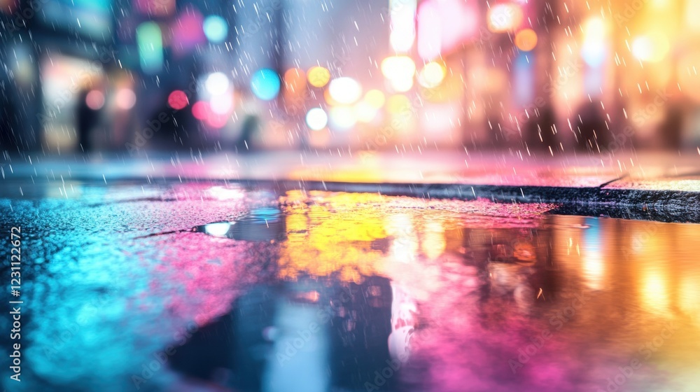 Rainy night cityscape with reflections in a puddle on the street asphalt Rainy night cityscape with reflections in a puddle on the street asphalt