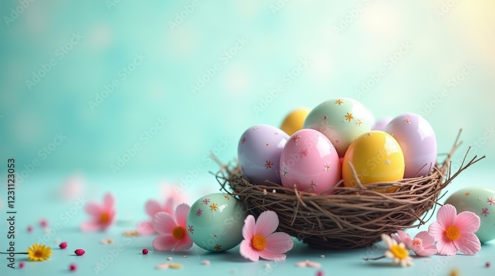 Beautifully decorated Easter eggs in a nest adorned with flowers on a soft blue background. Beautifully decorated Easter eggs in a nest adorned with flowers on a soft blue background.