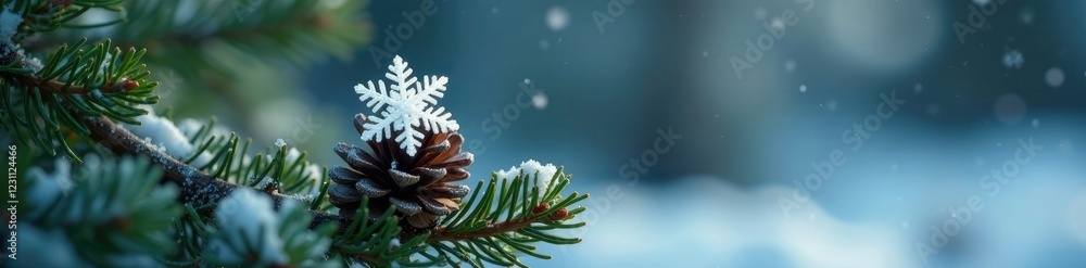 Fototapeta premium A single large snowflake resting on a pine cone amidst greenery, solitary, branch, frosty landscape