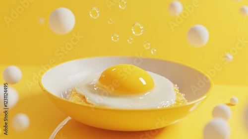 Sunny-side up egg breakfast bowl, yellow background, floating spheres photo