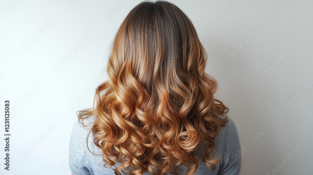 Fototapeta premium Hair coloring gradient from light golden to brown on a girl with long curly hair in the back