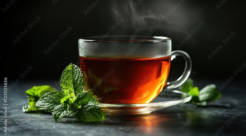 Aromatic Mint Tea in Glass Cup with Fresh Mint Leaves on Surface Aromatic Mint Tea in Glass Cup with Fresh Mint Leaves on Surface
