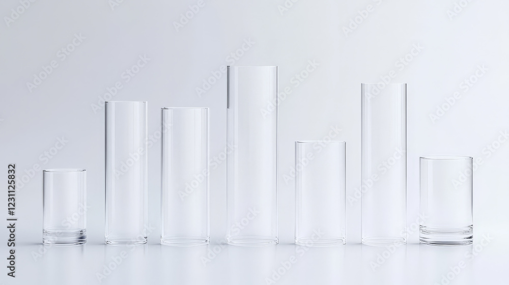 A set of empty cylindrical glasses of varying heights and diameters, arranged on a white background. Simple, elegant, and minimalist. A set of empty cylindrical glasses of varying heights and diameters, arranged on a white background. Simple, elegant, and minimalist.