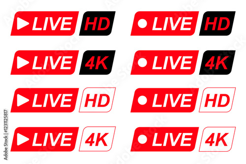 Live Stream icons Set, Rectangle Red symbols and buttons of live streaming, broadcasting online stream. Lower third template for tv, shows, movies and live performances. Vector design element