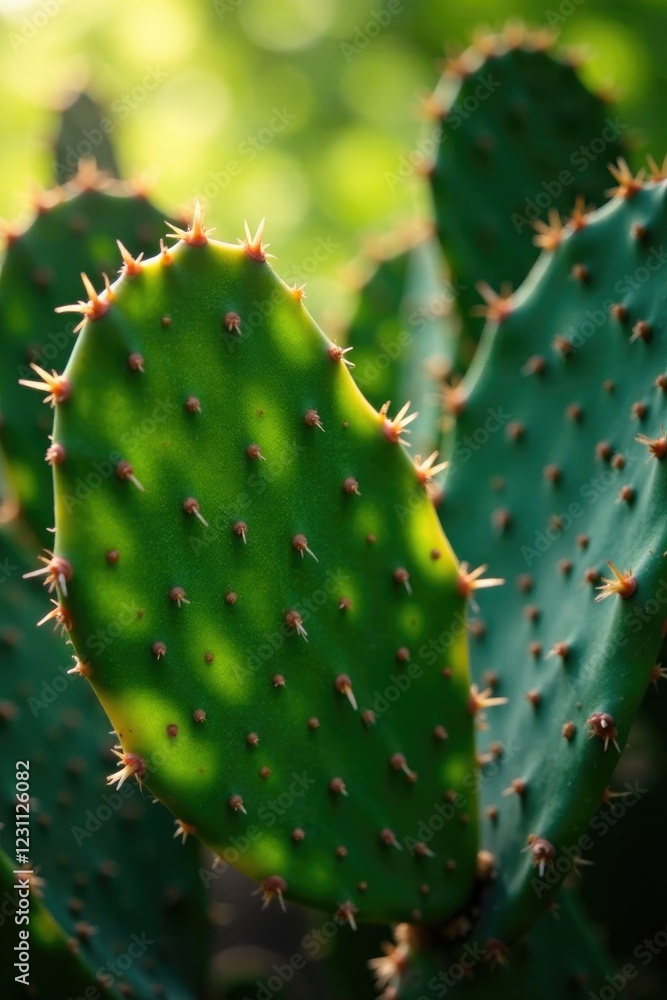 Dappled sunlight on Opuntia cactus leaves with spines, dappled, foliage Dappled sunlight on Opuntia cactus leaves with spines, dappled, foliage