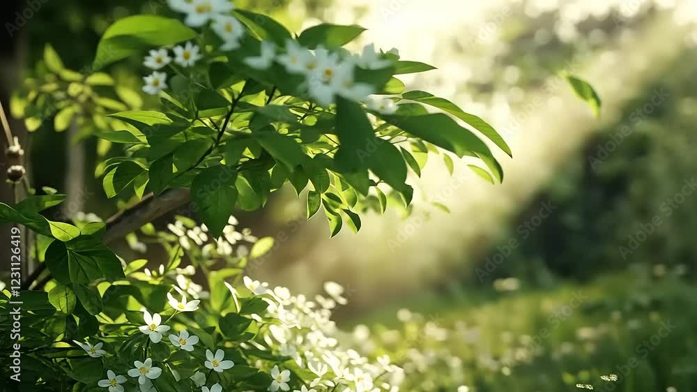 Serene Landscape with Sunlight, Flowers, and Fresh Green Foliage Serene Landscape with Sunlight, Flowers, and Fresh Green Foliage