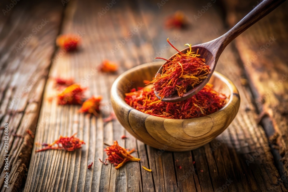 Saffron threads slowly dripping from a wooden spoon into a small ceramic bowl on a rustic wooden table background, golden, saffron, spices, home Saffron threads slowly dripping from a wooden spoon into a small ceramic bowl on a rustic wooden table background, golden, saffron, spices, home