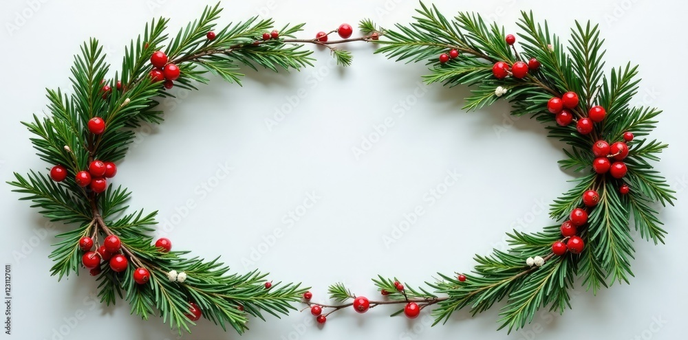 Decorative fir branch wreath with red cranberries and white eucalyptus, decoration, holiday, festive Decorative fir branch wreath with red cranberries and white eucalyptus, decoration, holiday, festive