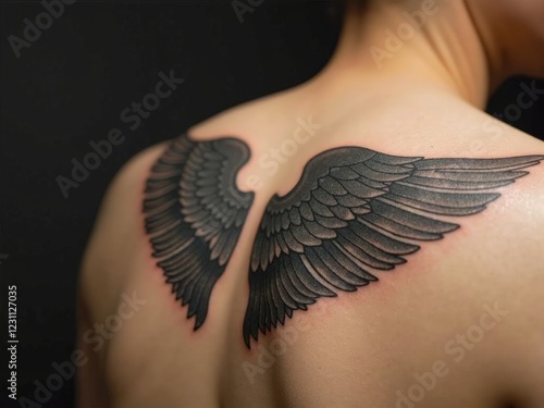 A striking black and gray wing tattoo on the upper back, depicting detailed feathers and a realistic texture, set against a dark background photo