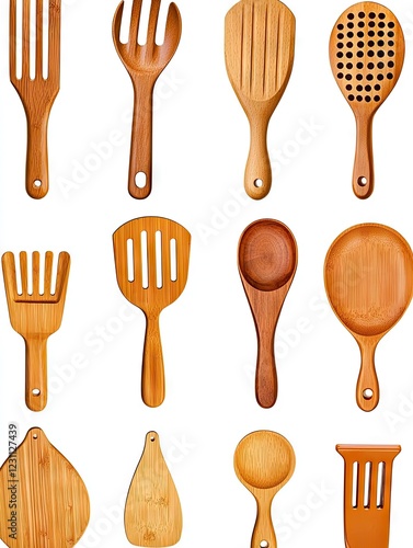 Wooden kitchen utensils collection, cooking tools, white background, food preparation, culinary photo