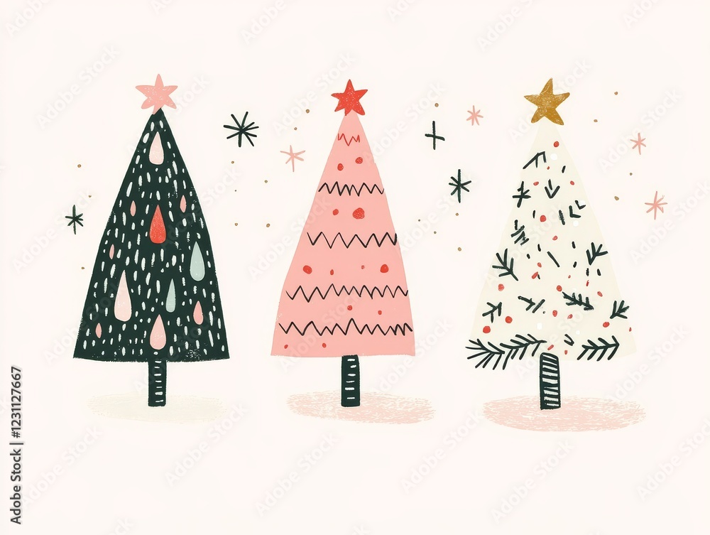 Three unique cartoon minimalist Christmas trees in a clipart style. Three unique cartoon minimalist Christmas trees in a clipart style.