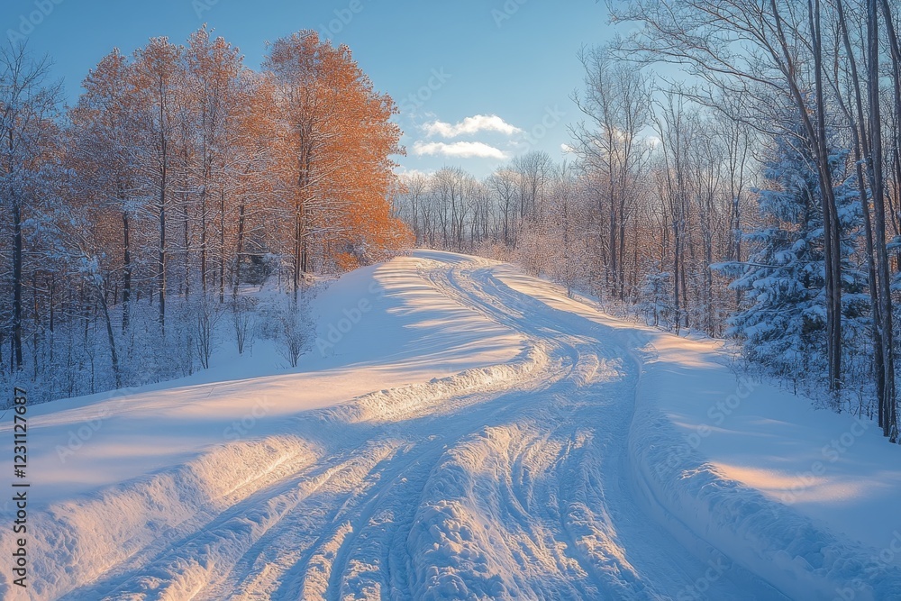 Obraz premium Winter Wonderland: Tranquil Snow-Covered Hill with Sled Tracks Leading the Way