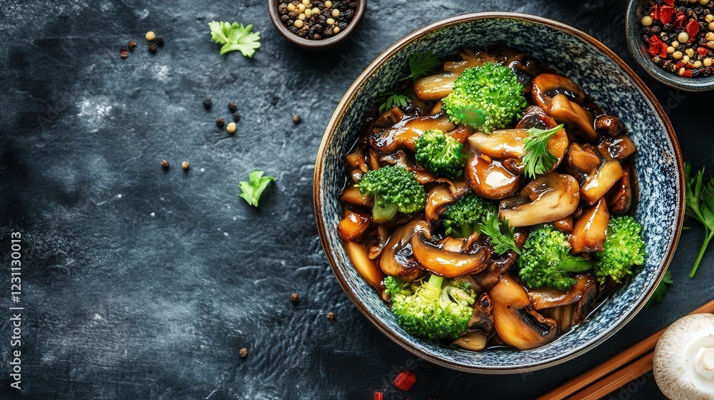 braised shiitake mushrooms and broccoli, representing wealth and family harmony during Chinese New Year. braised shiitake mushrooms and broccoli, representing wealth and family harmony during Chinese New Year.