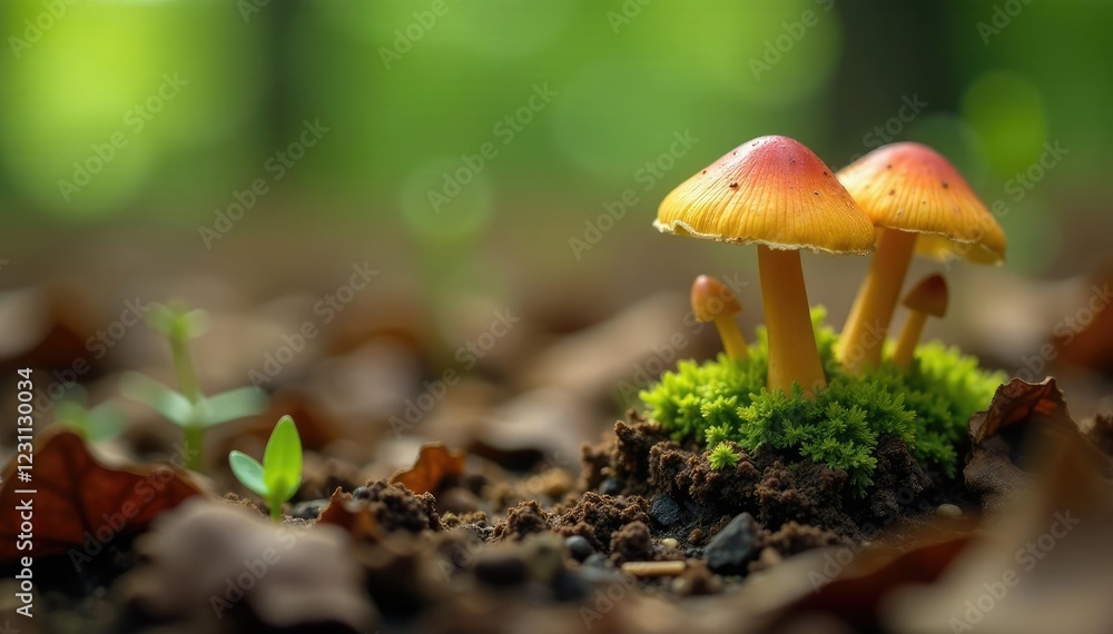 Mushrooms sprouting from decaying brown leaves, wild growth, small mushrooms, greenery Mushrooms sprouting from decaying brown leaves, wild growth, small mushrooms, greenery