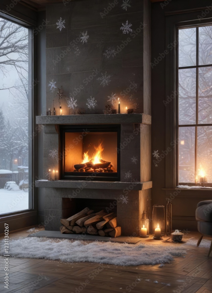 Snowflakes gently falling outside the window while a fireplace is lit inside, snowfall, frozen landscape, winter scenery Snowflakes gently falling outside the window while a fireplace is lit inside, snowfall, frozen landscape, winter scenery
