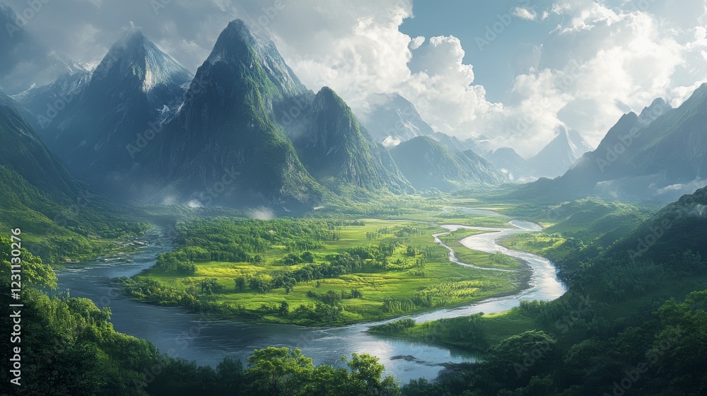 Fototapeta premium Serene Valley Landscape with Winding River and Majestic Mountains