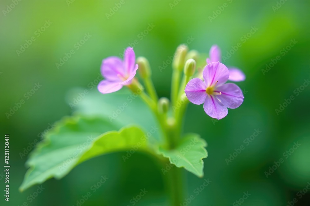Small, delicate flowers on a leafy green stem, isolated, violet, plant