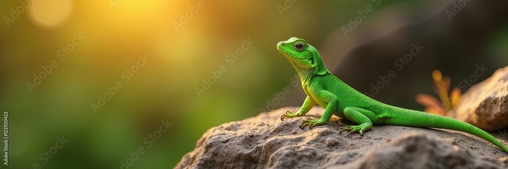Small, green lizard basks in warm sunlight on a rocky outcropping, green reptile, reptile Small, green lizard basks in warm sunlight on a rocky outcropping, green reptile, reptile