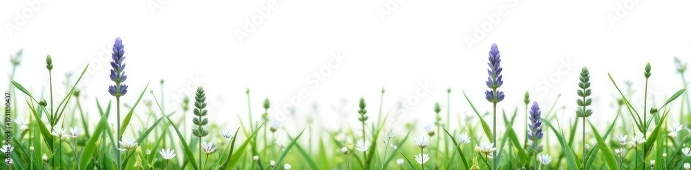 Small white flowers and green leaves on a lavender stem in a field or meadow on a white background, plant, meadow, nature Small white flowers and green leaves on a lavender stem in a field or meadow on a white background, plant, meadow, nature