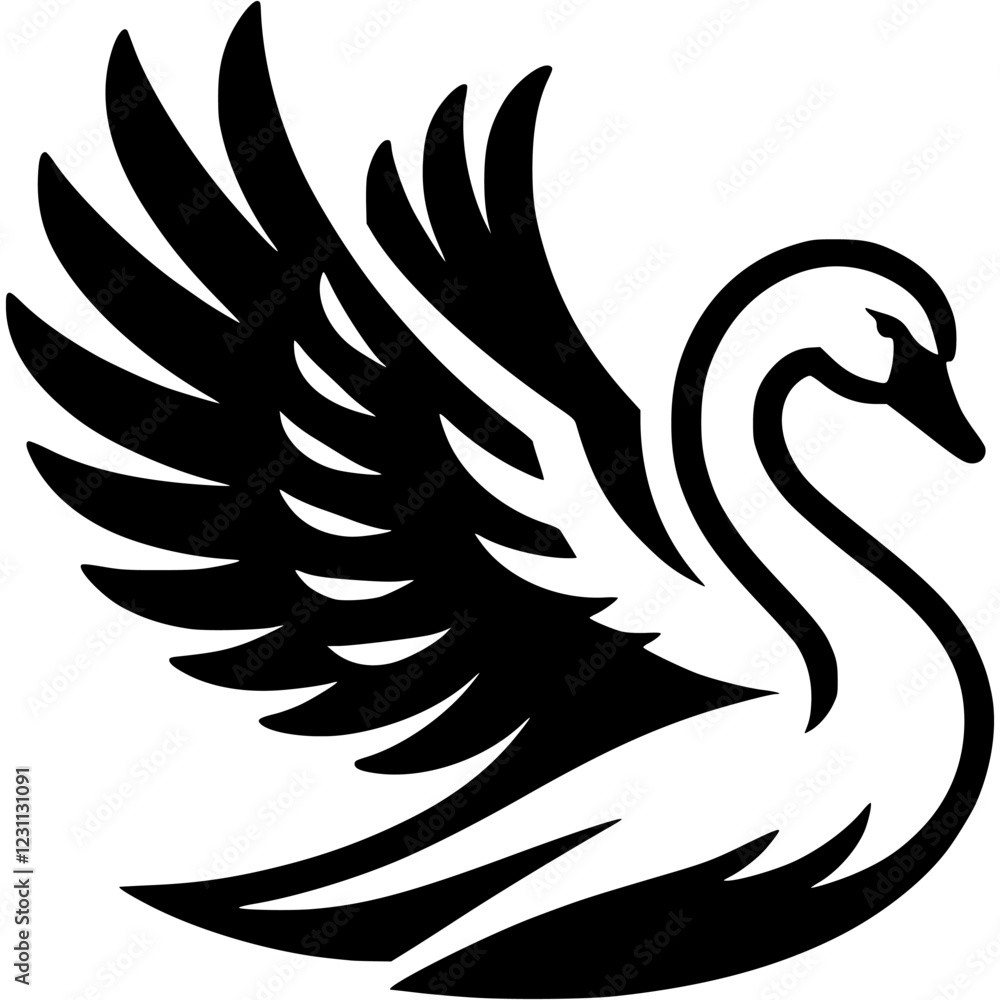 Fototapeta premium Tattoo of graceful swan spread its wings in monochrome. Majestic swan bird. Engraving minimalistic vector in black ink drawing on transparent background