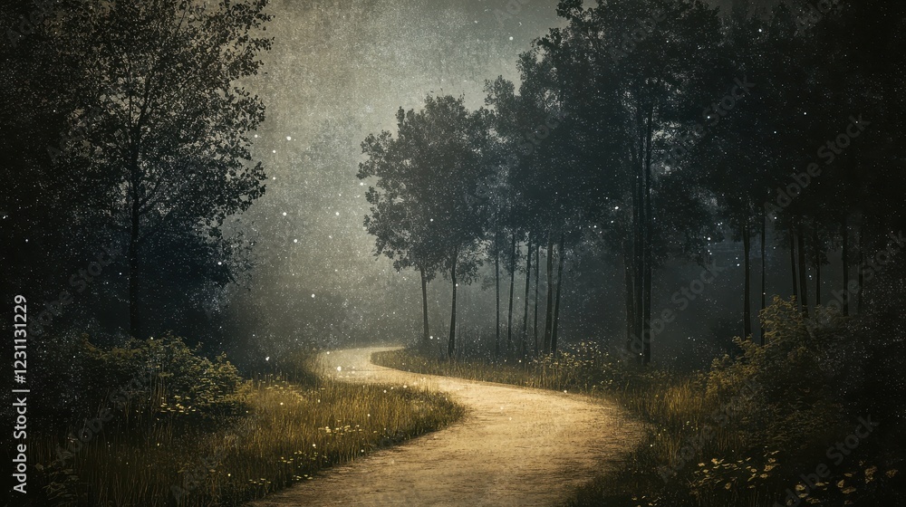 Winding Path Through A Mystical Starlit Forest Winding Path Through A Mystical Starlit Forest