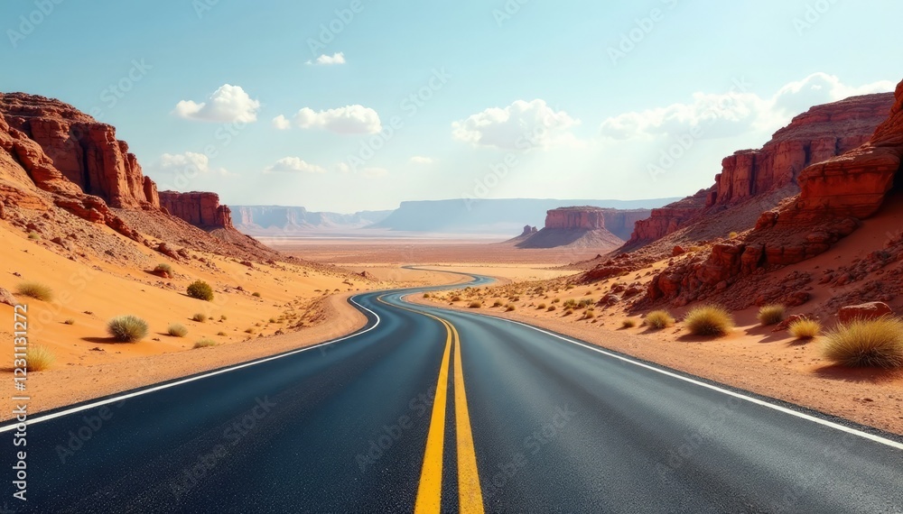 Tar road winding its way through desert landscape, sand, rock Tar road winding its way through desert landscape, sand, rock