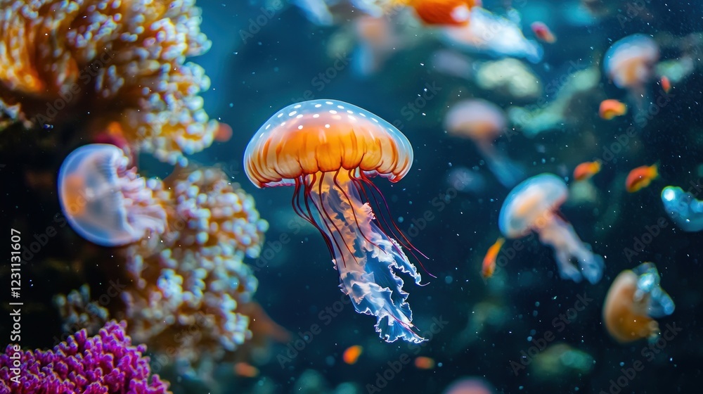 Mesmerizing Jellyfish in Vibrant Coral Reef Mesmerizing Jellyfish in Vibrant Coral Reef
