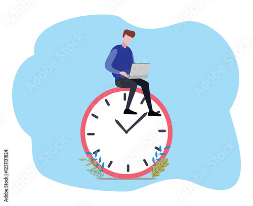 Man sitting on a clock and holding a laptop. Time management and productivity concept