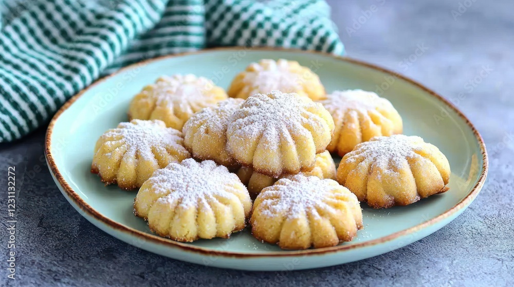 Light Green Plate of Sweet Powdered Sugar Cookies Light Green Plate of Sweet Powdered Sugar Cookies