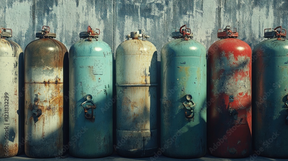 Rusty gas cylinders against weathered wall. Industrial storage, outdoor setting Rusty gas cylinders against weathered wall. Industrial storage, outdoor setting