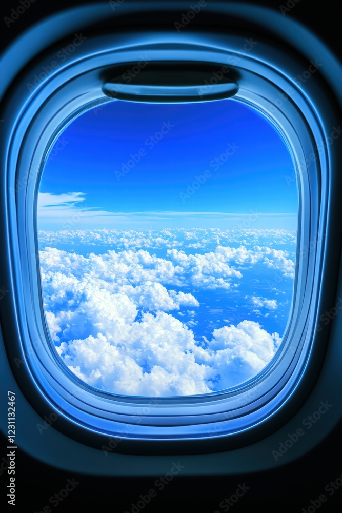 Airplane Window View Over Beautiful Clouds and Clear Blue Sky Airplane Window View Over Beautiful Clouds and Clear Blue Sky