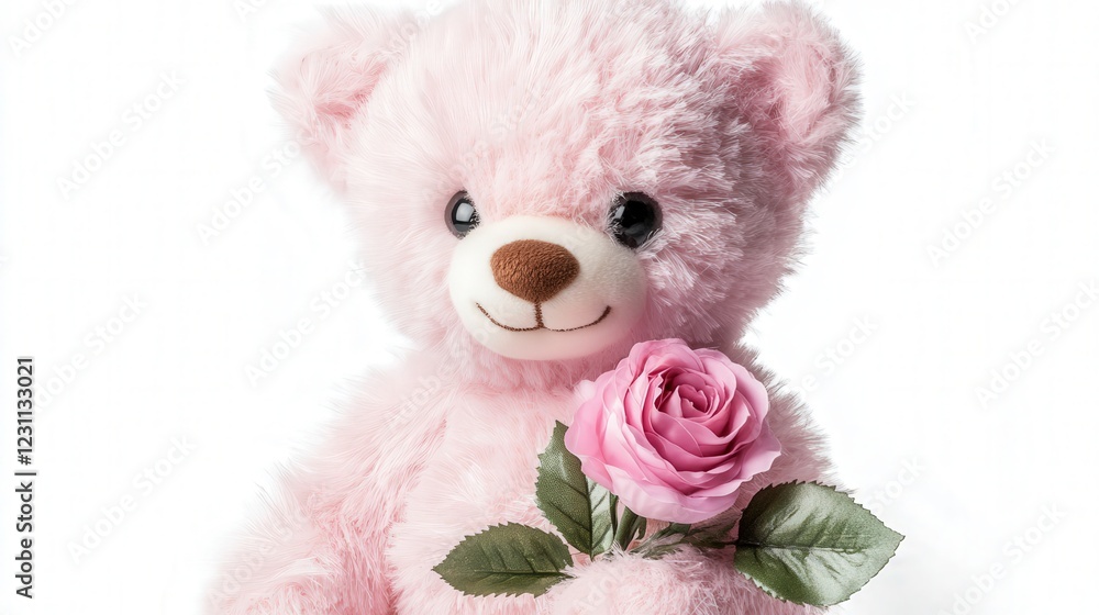 Obraz premium pink teddy bear holding a delicate rose in its paws, with a gentle smile, perfect for expressing love on special occasions