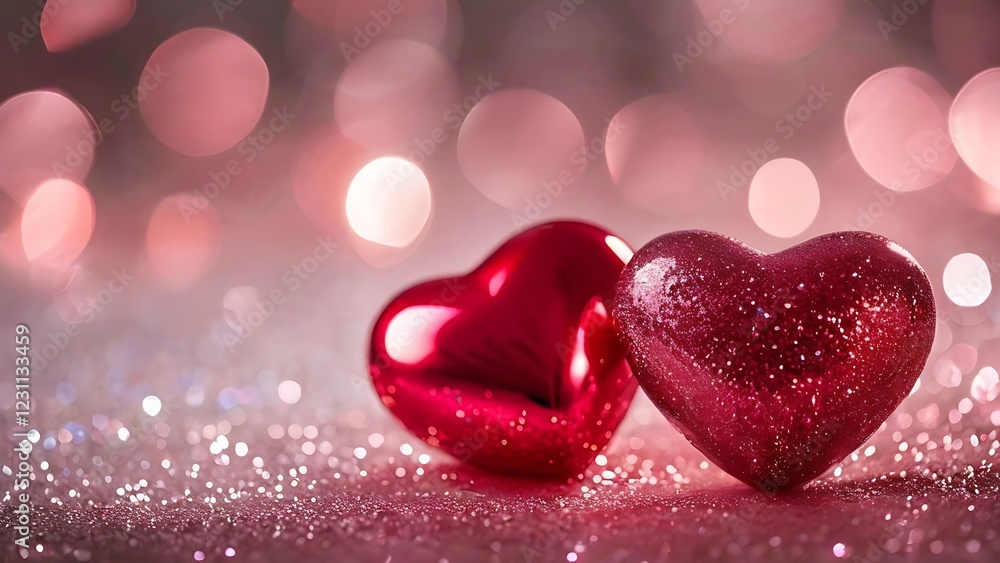 two decorative, red, heart shaped objects surrounded by a bokeh background representation of love, hope, affection and a positive future