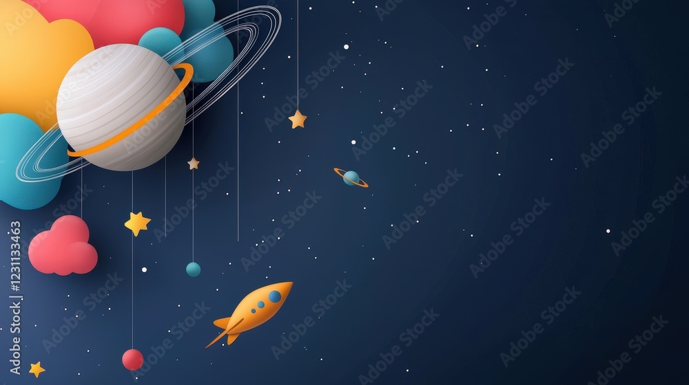 Naklejka premium A colorful drawing of a planet and a rocket in space