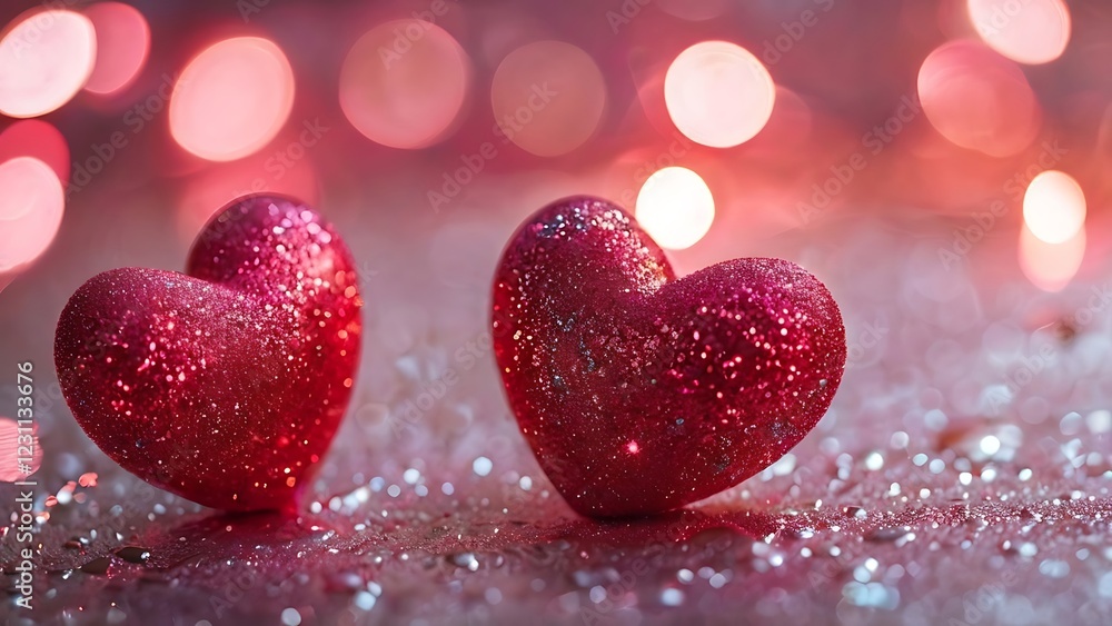 Obraz premium two decorative, red, heart shaped objects surrounded by a bokeh background representation of love, hope, affection and a positive future